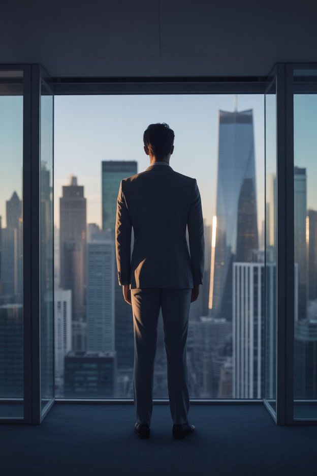 Commercial executive overlooking city skyline